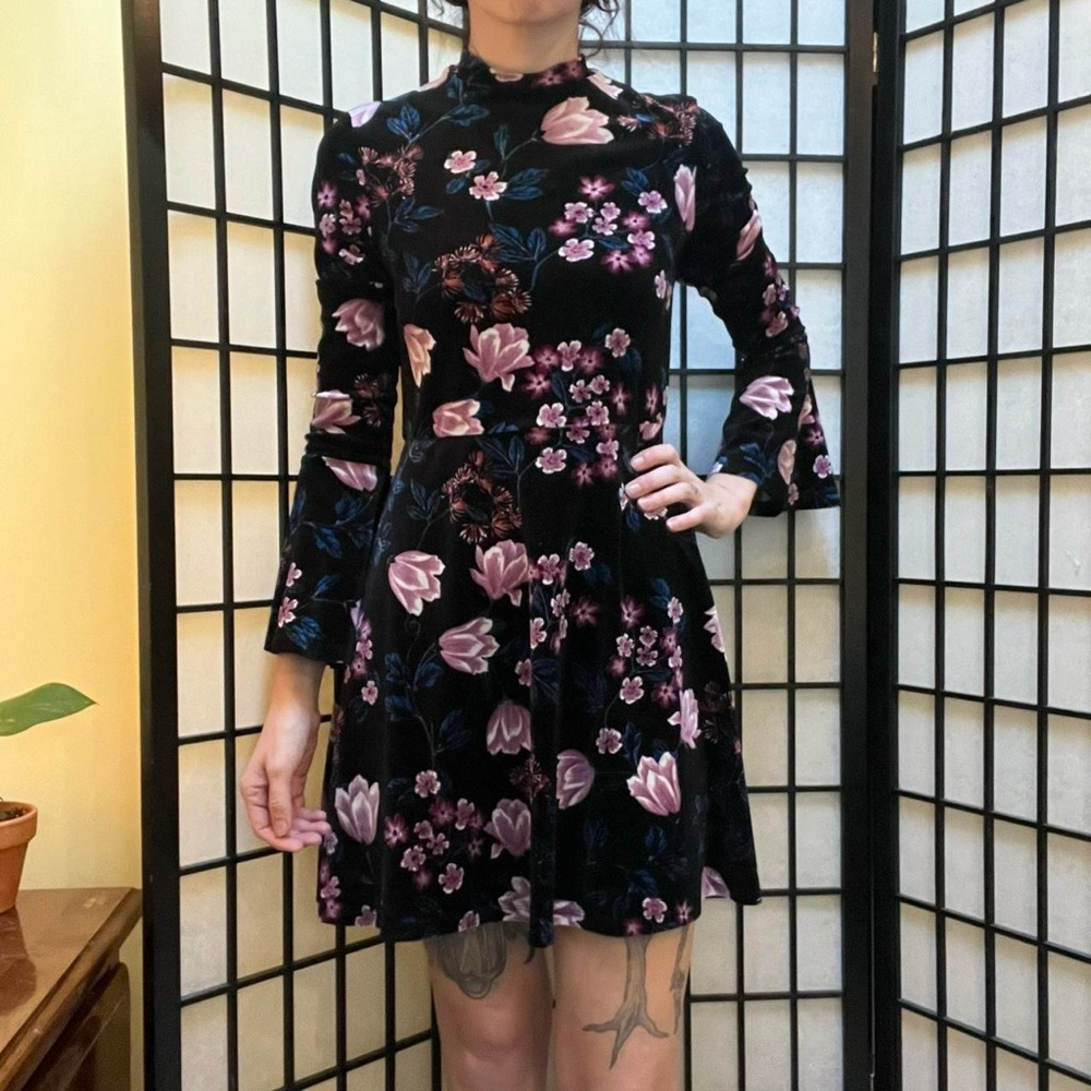 Black and Pink Velvet Floral Bell Sleeves A-Line Dress Small Whimsygoth